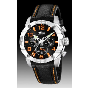 Lotus correa de reloj 15644-4 Cuero Negro 23mm + costura naranja
