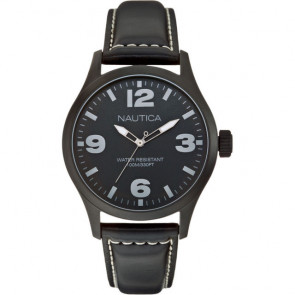 Nautica correa de reloj A13613G Cuero Negro 24mm + costura blanca